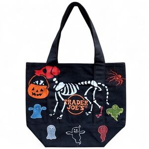 New Trader Joe’s Mini Canvas Tote Bag – Halloween Skeleton Dog &‎ Ghosts Design